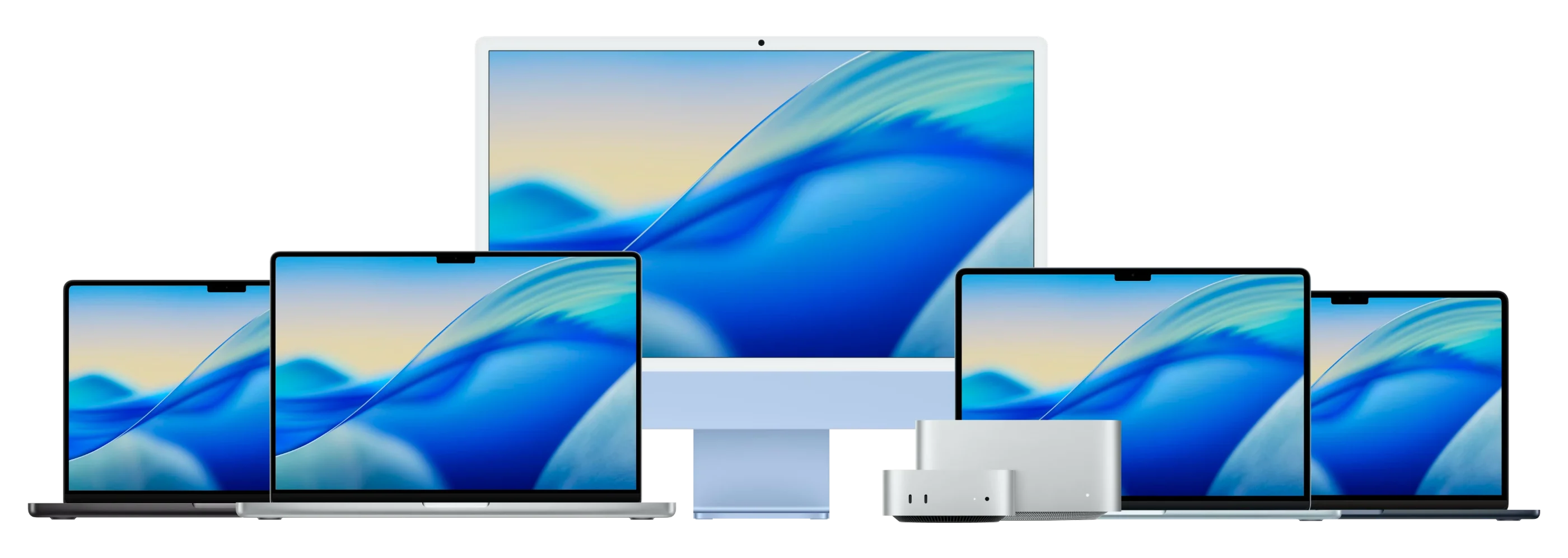 MacBook Pro, MacBook Air, Studio Display, Mac mini and Mac Studio side by side